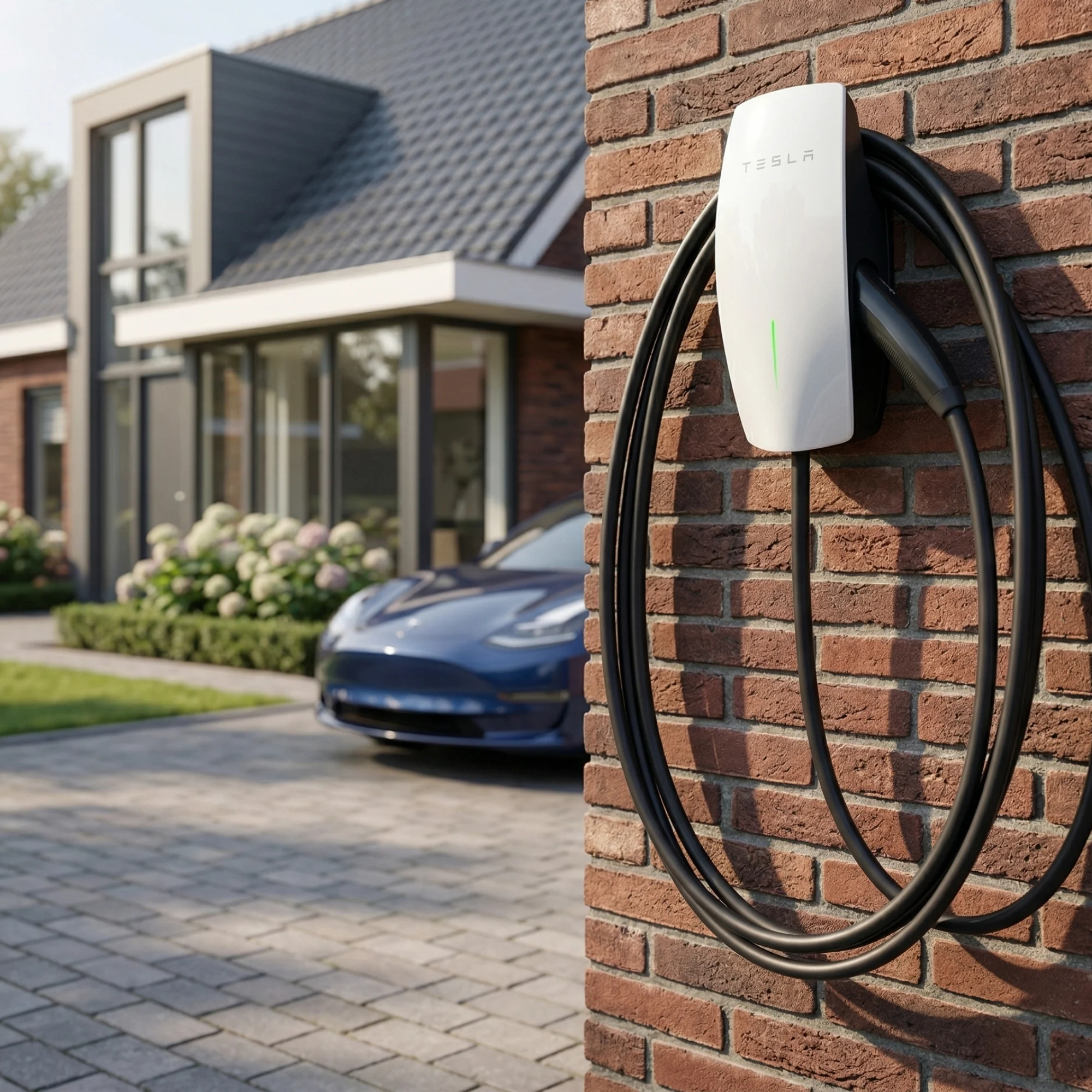 White Tesla wall connector EV charger mounted on a brick wall outside a modern home with an electric car parked in the driveway